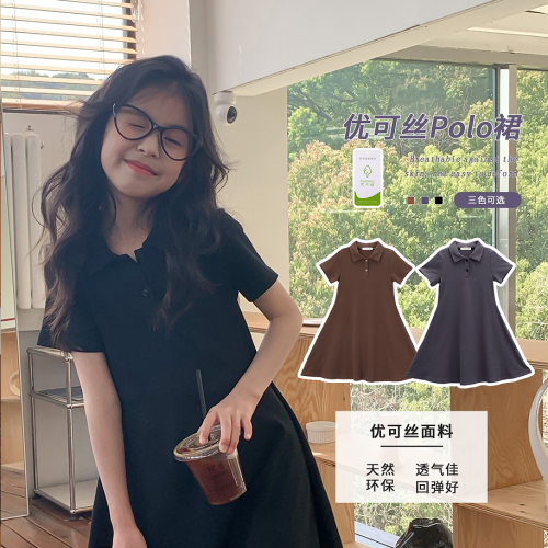 Girls short-sleeved T-shirt new forest style children's dress summer polo collar mid-length skirt medium and large children's black skirt