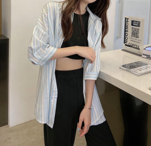 Blue vertical striped mid-length shirt for women summer new 2024 soft girl student forest short-sleeved shirt loose top