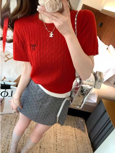 GIOIO Peninsula Love Letter ~ Twist pattern wool thin solid color crop top short-sleeved sweater