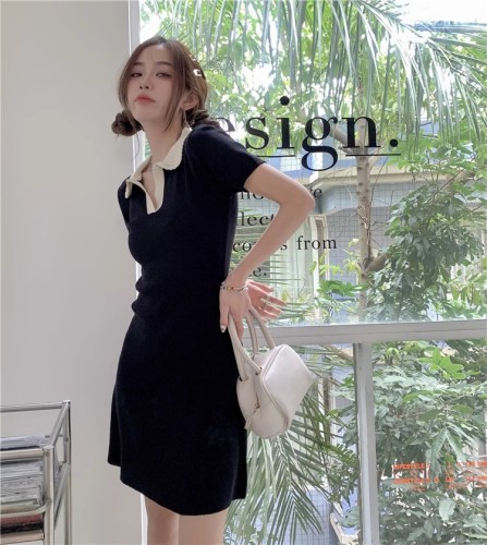 Contrast color polo collar knitted dress for women summer Hepburn style little black dress slim waist small A-line skirt