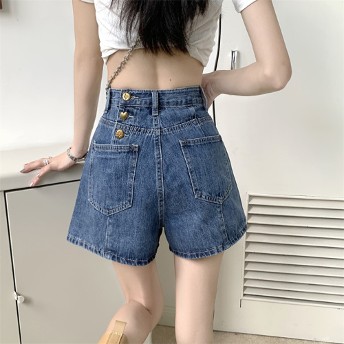 American sweet and spicy retro vibe denim shorts for women in summer hot girls high waist slimming distressed A-line hot pants trendy