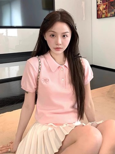 Pink Polo collar short-sleeved sweater for women 2024 summer new slim fit short t-shirt right shoulder top