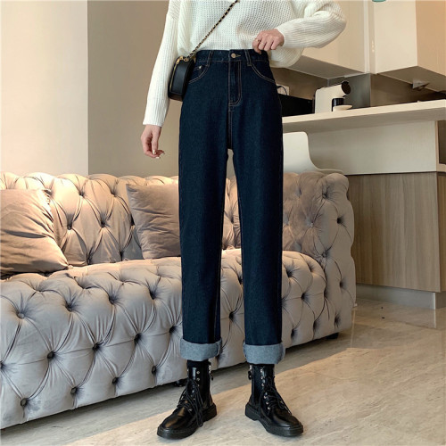 Real shot of high-waisted jeans for women 2024 new spring and autumn slim and versatile drape retro distressed straight floor-length pants