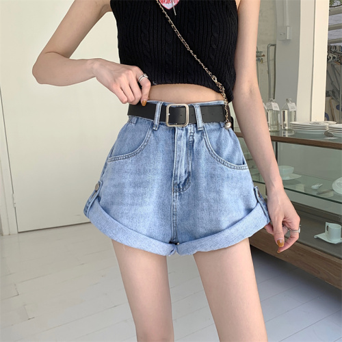 Real shot of high-waist curled denim shorts for women summer  new loose slimming wide-leg a-line design hot pants