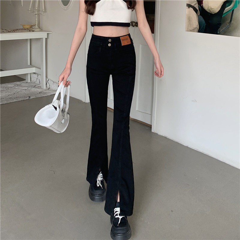 Real shot of slit jeans for women, spring and autumn 2023 new style, small, high-waisted, tight, slim, floor-length, slightly flared pants