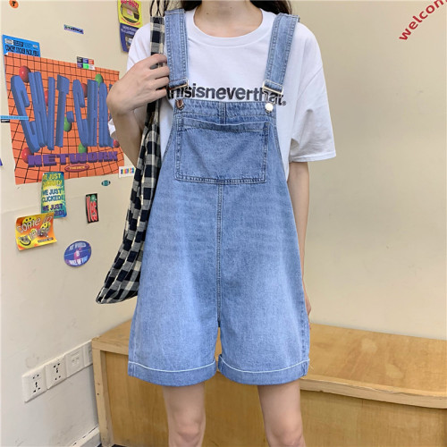 Real shot of age-reducing denim suspender shorts for women, loose Korean style straight wide-leg pants for students, cute suspender jumpsuits