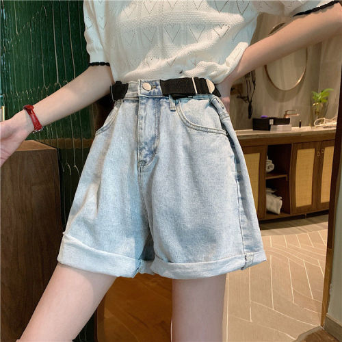 Light-colored wide-leg denim shorts for women, loose summer style, new Korean style high-waisted student slimming and versatile rolled-hem pants