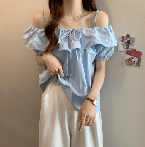 Real shot and real price sweet girl's one-shoulder ruffled short-sleeved shirt top