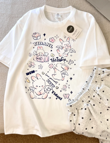 [Tmall/Recommended] Heavy cotton, precision combed, rabbit wings printed short-sleeved T-shirt for men and women in summer