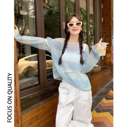 Hot girl hollow striped sunscreen ice silk sweater for women spring and summer 2024 new blouse thin layered outer top