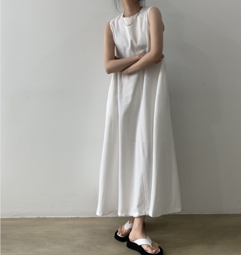Korean chic style loose oversized sleeveless long cotton and linen dress OPS