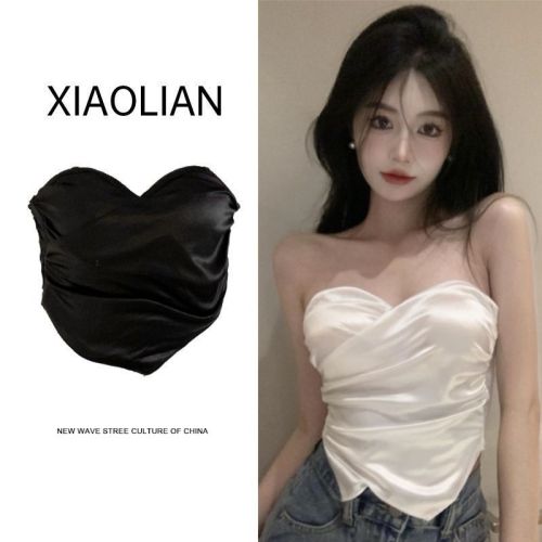 GUXUANYU's new high-end satin tube top with chest pad design niche suspenders for women's pure desire