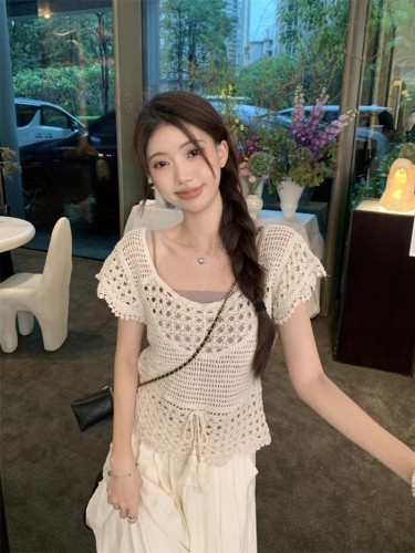 kumikumi design crochet hollow short-sleeved sweater for women summer sweet style backless short chic top