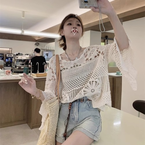 Spring Clothing 2024 New Korean Style Loose Korean Style Versatile Hollow Crochet Long Sleeve Knitted Blouse Tops Knitwear