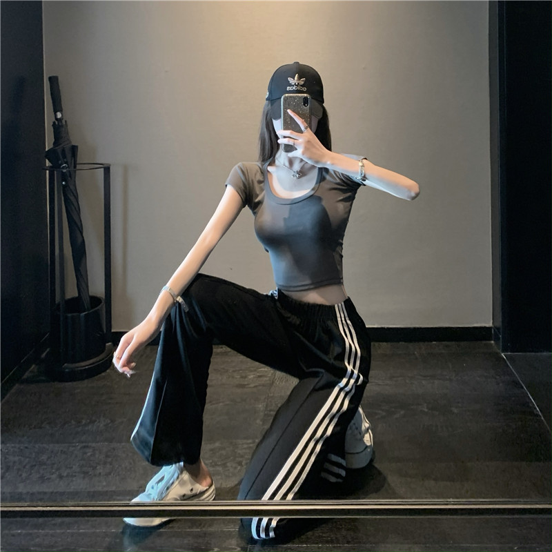 Actual shot and real price, thin high-waisted slim casual pants for women, versatile summer floor-length flared pants + short U-neck T-shirt