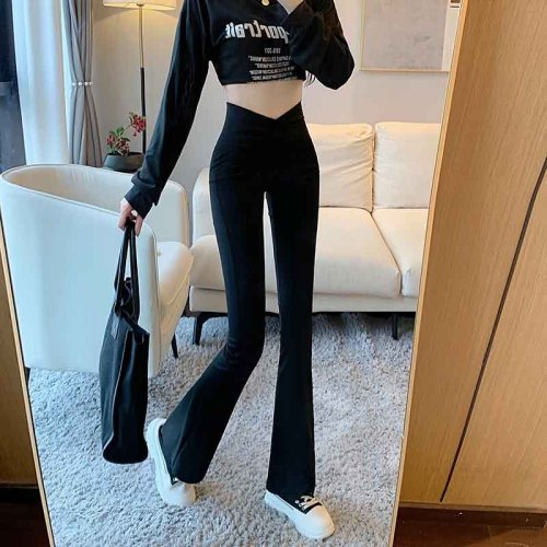 Real shot and real price~High waisted black bell-bottom pants for women, summer thin boot-cut pants, retro chic casual shark pants