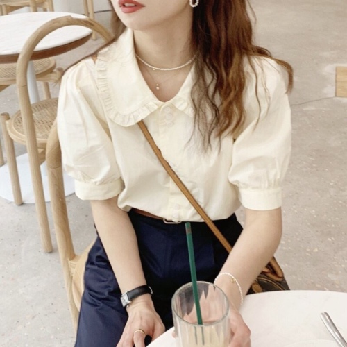 French niche light cream yellow puff sleeves right-angle shoulder doll collar short-sleeved shirt thin women's summer chic top