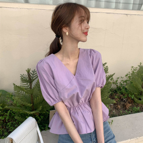 Korean chic vitality girl age-reducing V-neck waist short shirt