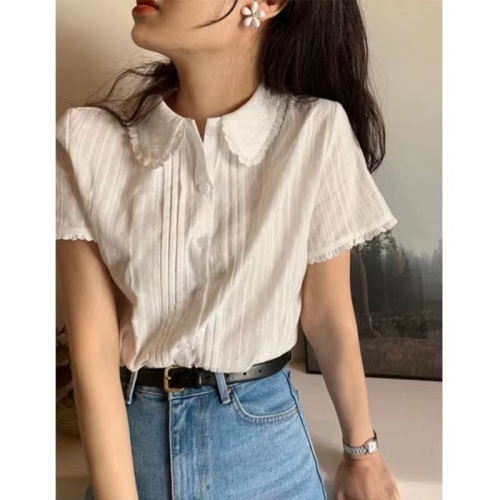 South Korea Dongdaemun 2024 white short-sleeved shirt women's summer thin design niche shirt loose slimming top