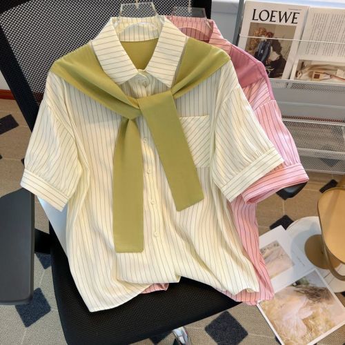 Shawl striped shirt short-sleeved summer new style Korean style workplace light and sophisticated French high-end shirt light luxury top for women