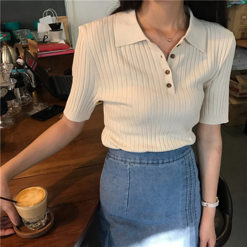 College style retro polo collar ribbed sweater women's Korean style spring student versatile short-sleeved bottoming shirt t-shirt