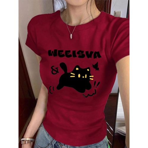 】Threaded polyester】(Free on all platforms) Summer hot girl kitten letter print short-sleeved T-shirt for women