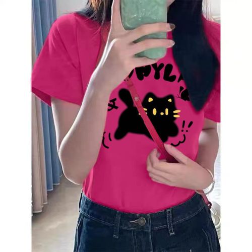 】Threaded polyester】(Free on all platforms) Summer creative cat print new short-sleeved T-shirt for women