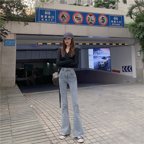 Actual shot and real price new retro super long-legged stretchy high-waisted slim micro-flared jeans