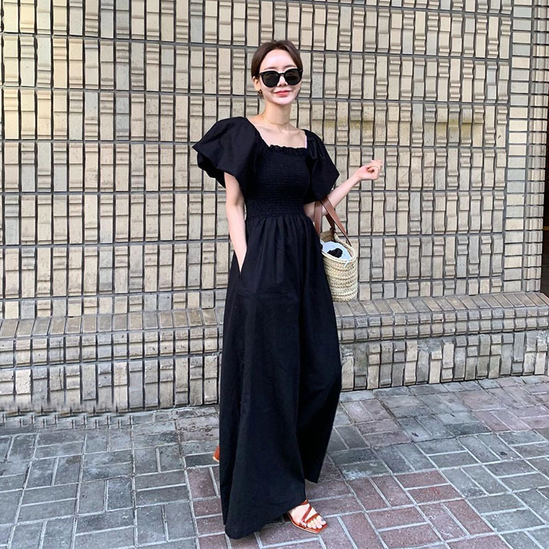 韓版寬鬆泡泡袖收腰木耳邊方領抹胸連體褲女