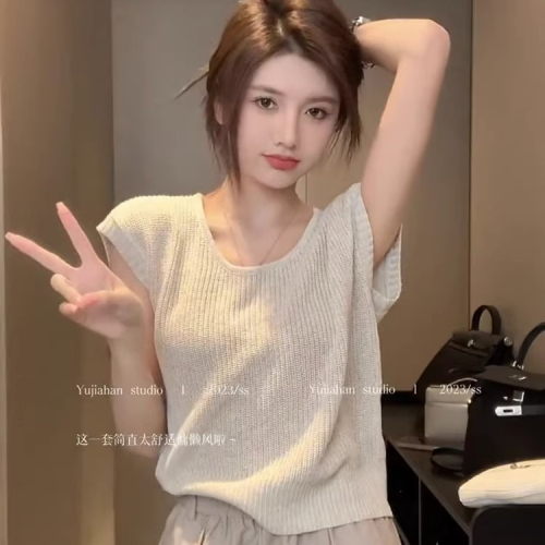 2024 Summer New Designers' Choice Loose Casual Openwork Knit Short-Sleeve Top Slouchy Style Mini Dress