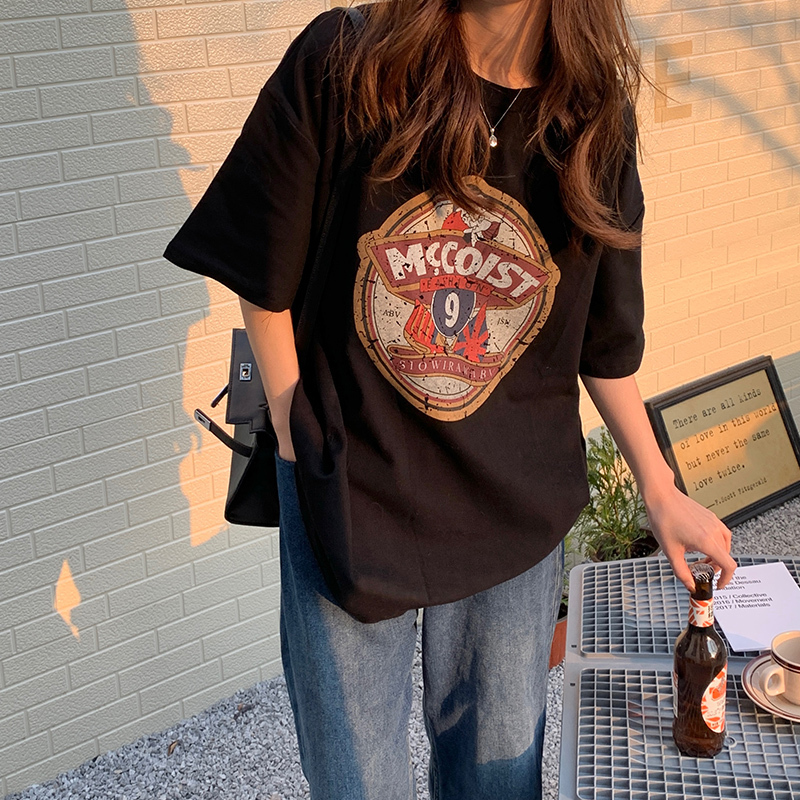 Cotton raglan back collar American retro print loose large size mid-length short sleeves