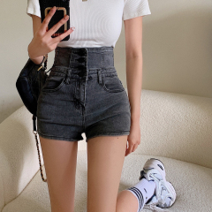 Real shot of super high-waisted tummy-controlling single-breasted denim shorts for women, ins super popular personalized slim-fitting hot pants