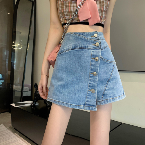 Special offer real shot 2024 blue denim high-waisted irregular A-line skirt with button design and elastic pants skirt