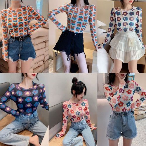 Real shots 24 pictures Summer mesh bottoming shirt slim fit hot girl small floral long-sleeved sun protection T-shirt top