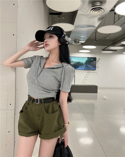 Real shot!  Casual zipper hooded short T-shirt tops for women summer