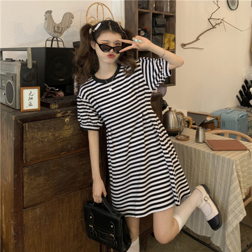 Real shot Korean style waist slimming dress preppy style black and white striped short sleeves for women