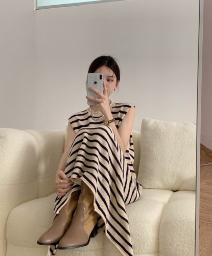 实拍 韩国chic设计感慵懒长款条纹无袖毛衣连衣裙