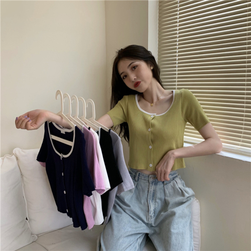 Real shot of summer Korean style square collar clavicle top slim fit short knitted sweater short-sleeved top