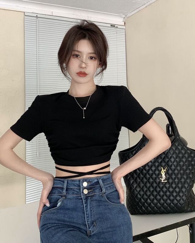 Real shot of summer careful machine lace drawstring threaded cotton shoulder pad short-sleeved T-shirt ins slim short crop top
