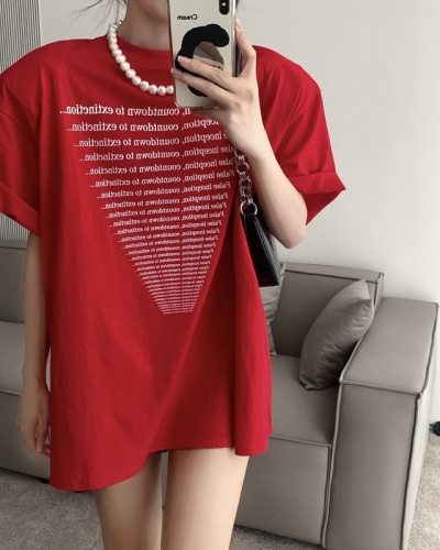 Real shot of American high street letter print loose mid-length wide version short-sleeved T-shirt ins shoulder pad top trendy