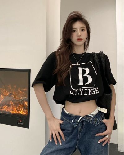 Real shot of summer fashionable B letter printing loose and refreshing cotton mid-length short-sleeved T-shirt ins wide version top trendy