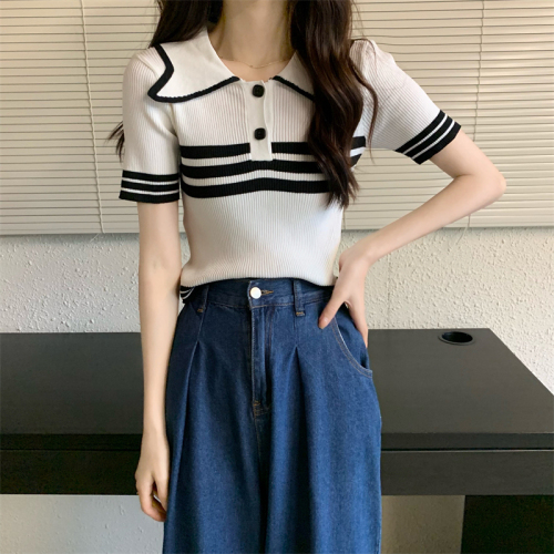 Real shot Summer design doll collar chic retro striped niche knitted top for women