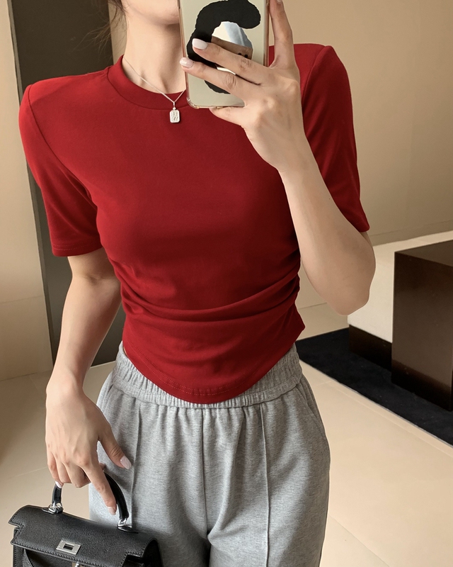 實拍夏季辣妹風修身顯身材短款短袖墊肩T恤ins抽褶顯胸上衣