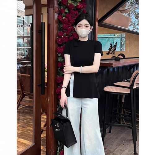 Black bow tie slit sweater for women summer 2024 new style thin top with waist design and temperament