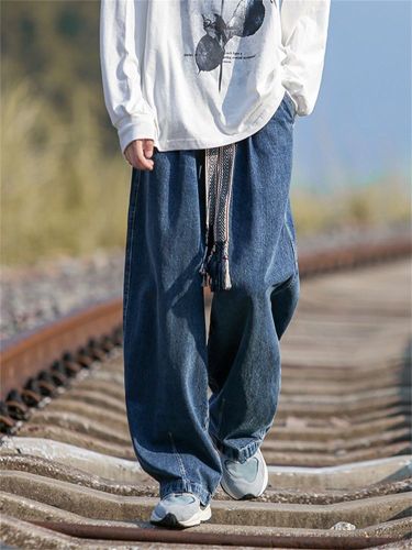 Muszoom American retro elastic waist heavyweight jeans men's loose oversize trendy straight wide-leg pants