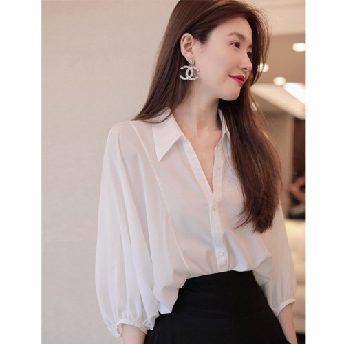 French white v-neck shirt for women, summer thin spring and autumn shirt, silk early spring high-end chic niche top