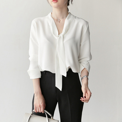 Spring and Korean style V-neck bow ribbon, versatile and fashionable OL temperament chiffon top long-sleeved white shirt for women