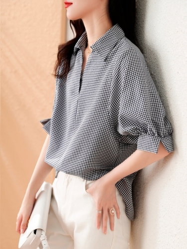 Summer new half-sleeved plaid short chiffon shirt thin casual shirt to cover belly and chic women's top