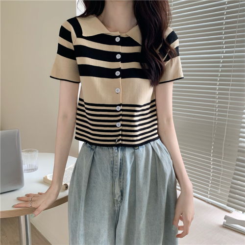 Actual shot of Korean style versatile polo collar color-blocked striped niche knitted short-sleeved cardigan top