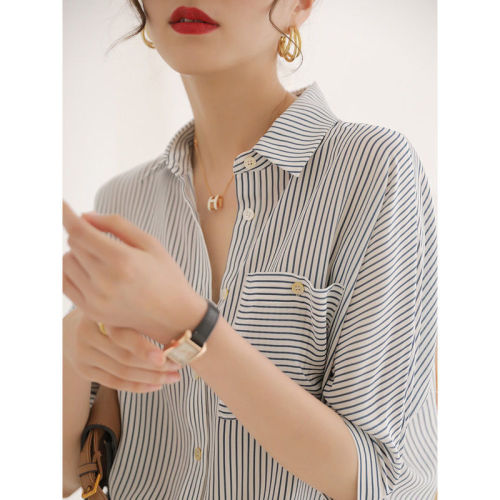 Silk shirt women's summer design niche casual loose fashionable drawstring waist slimming vertical striped top